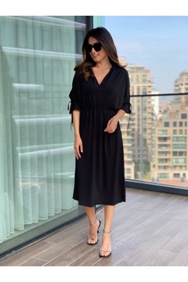 Siyah Bel Lastikli Yarasa Kol Buzzy Elbise