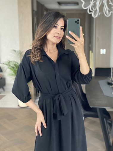 Siyah Bel Pilili Kuşaklı Elbise