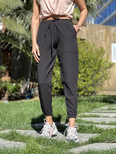 Siyah Bel Ve Paça Lastikli Atlas Kumaş Jogger Kadın Pantolon