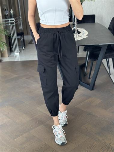 Siyah Bel Ve Paça Lastikli Komando Kadın Pantolon