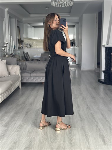 Siyah Belden Oturtmalı Bağcıklı Midi Boy Kadın Gömlek Elbise