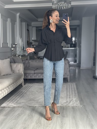 Siyah Belden Oturtmalı Uzun Kol Kadın Gömlek