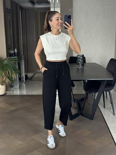 Siyah Modal Beli Bağcıklı Cepli Önü Dikiş Detay Kadın Pantolon