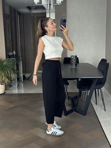 Siyah Modal Beli Bağcıklı Cepli Önü Dikiş Detay Kadın Pantolon