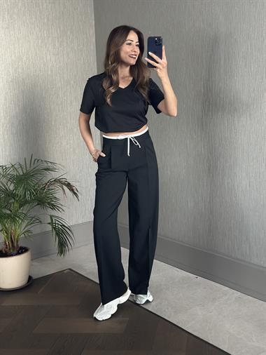 Siyah Beli Beyaz Garnili Yanı Fermuarlı Kumaş Kadın Pantolon