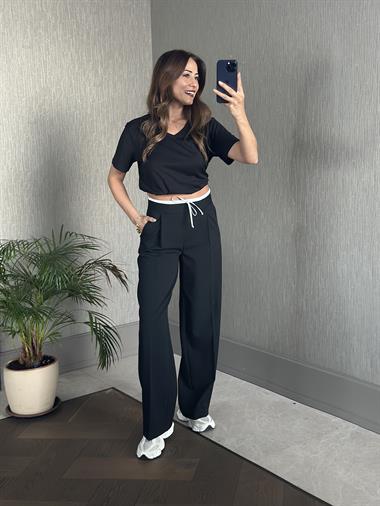 Siyah Beli Beyaz Garnili Yanı Fermuarlı Kumaş Kadın Pantolon