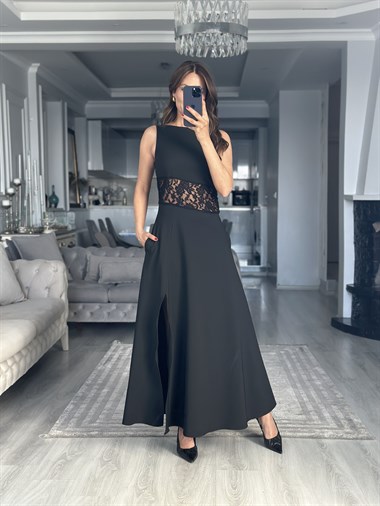 Siyah Beli Dantel Detaylı Maxi Boy Kadın Elbise