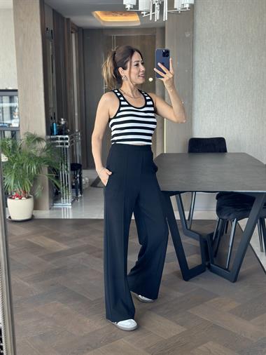 Siyah Beli Kalın Lastikli  Çımalı Likralı Krep Kadın Yürüyüş Pantolon