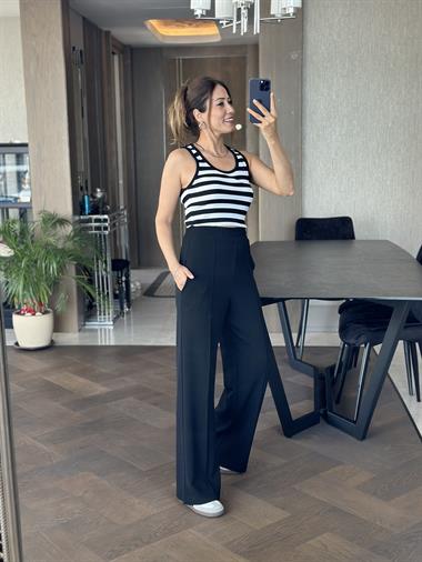 Siyah Beli Kalın Lastikli  Çımalı Likralı Krep Kadın Yürüyüş Pantolon