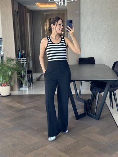 Siyah Beli Kalın Lastikli  Çımalı Likralı Krep Kadın Yürüyüş Pantolon