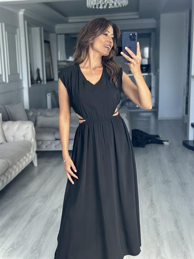 Siyah Beli Lastikli Bağcıklı Dekolteli Midi Boy Kadın Elbise