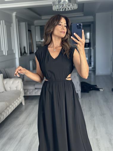 Siyah Beli Lastikli Bağcıklı Dekolteli Midi Boy Kadın Elbise