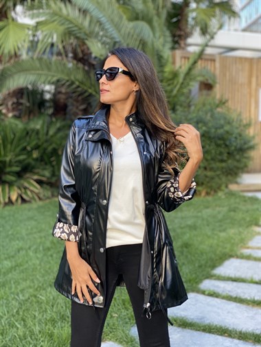 Siyah Beli Lastikli Çıtçıtlı Kadın Deri Ceket