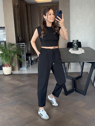 Siyah Kuşgözü Beli Bağcıklı Cepli Kadın Pantolon