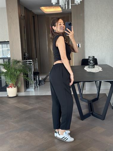 Siyah Kuşgözü Beli Bağcıklı Cepli Kadın Pantolon