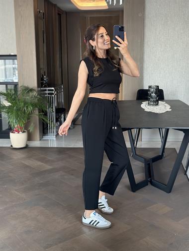 Siyah Kuşgözü Beli Bağcıklı Cepli Kadın Pantolon