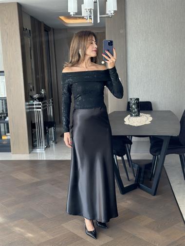 Siyah Beli Lastikli Uzun Saten Kadın Etek