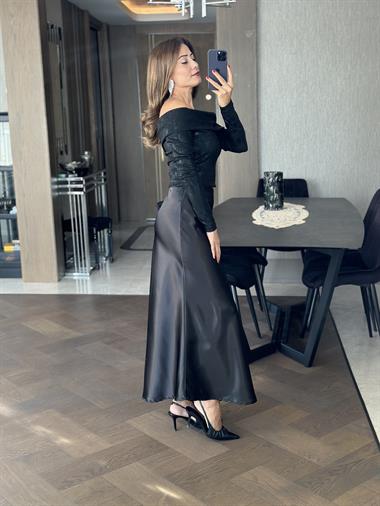 Siyah Beli Lastikli Uzun Saten Kadın Etek