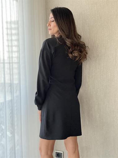 Siyah Beli Pensli Likralı Krep Kadın Elbise