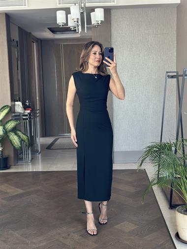 Siyah Beli Ve Omzu Drapeli Sıfır Kol Kadın Midi Boy Elbise