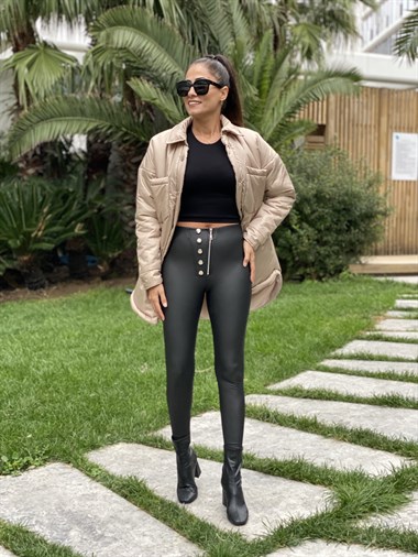 Siyah Beş Düğme Ve Fermuar Detay Mat Deri Kadın Tayt