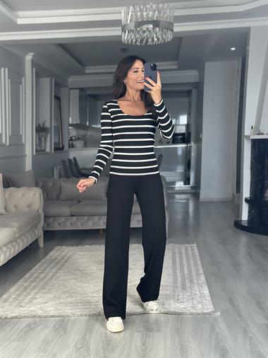 Siyah Beyaz Çizgili Fitilli Kaşkorse Uzun Kol U Yaka Kadın Body