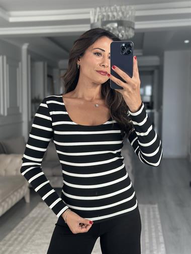 Siyah Beyaz Çizgili Fitilli Kaşkorse Uzun Kol U Yaka Kadın Body