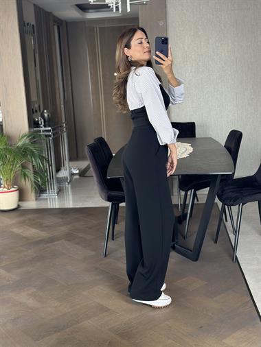 Siyah Beyaz Çizgili Garnili Crop Kadın Gömlek