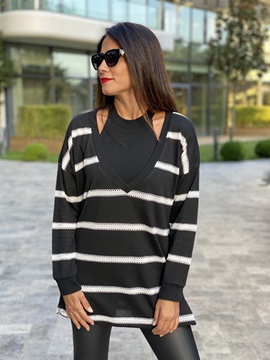 Siyah Beyaz Çizgili  Croplu Kadın Triko Bluz 