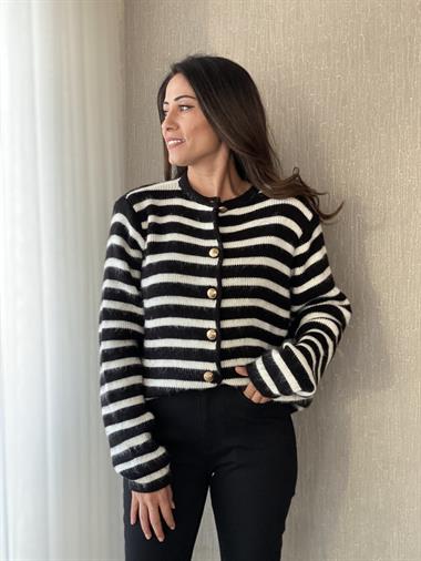 Siyah Beyaz Çizgili Sakallı Kadın Triko Hırka