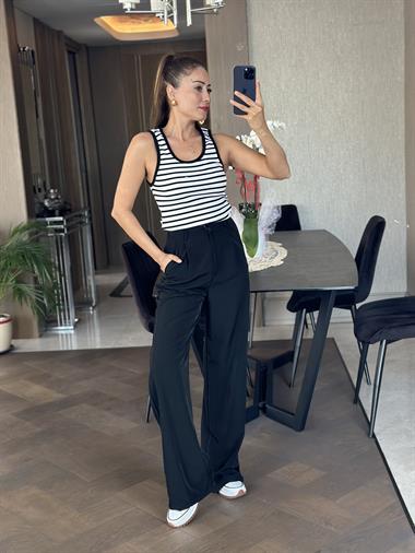 Siyah Beyaz Çizgili U Yaka Sıfır Kol Fitilli Kaşkorse  Kadın Body