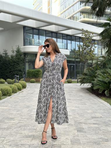 Siyah Beyaz Desenli Orjinal Marka V Yaka Düğmeli Cepli Kadın Elbise 
