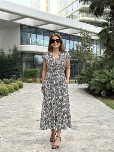 Siyah Beyaz Desenli Orjinal Marka V Yaka Düğmeli Cepli Kadın Elbise 