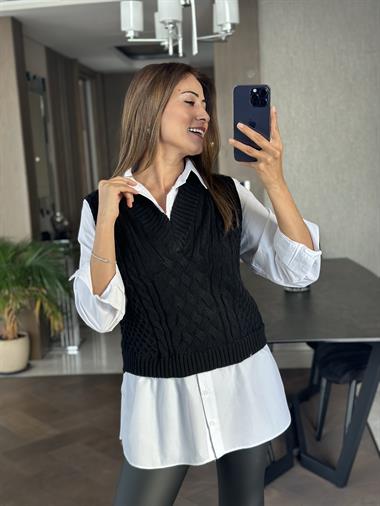 Siyah Beyaz Gömlekli Triko Kadın Süveter