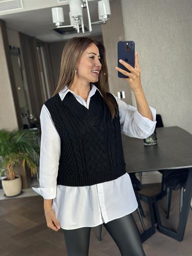 Siyah Beyaz Gömlekli Triko Kadın Süveter