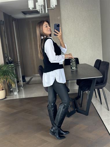 Siyah Beyaz Gömlekli Triko Kadın Süveter