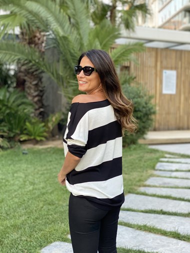 Siyah Beyaz Kalın Çizgili Merserize Kadın Bluz