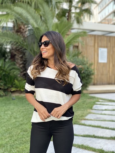 Siyah Beyaz Kalın Çizgili Merserize Kadın Bluz
