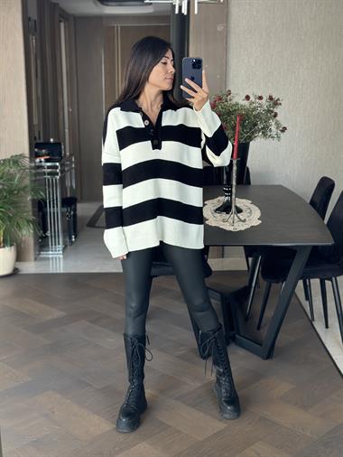 Siyah Beyaz Kalın Çizgili Polo Yaka Düğmeli Kadın Kazak