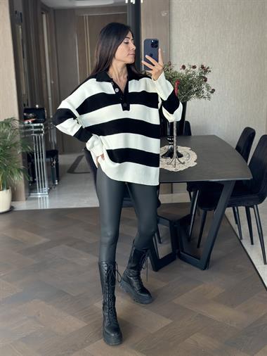 Siyah Beyaz Kalın Çizgili Polo Yaka Düğmeli Kadın Kazak
