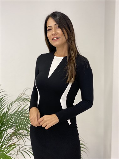 Siyah Beyaz Uzun Kollu Kadın Elbise