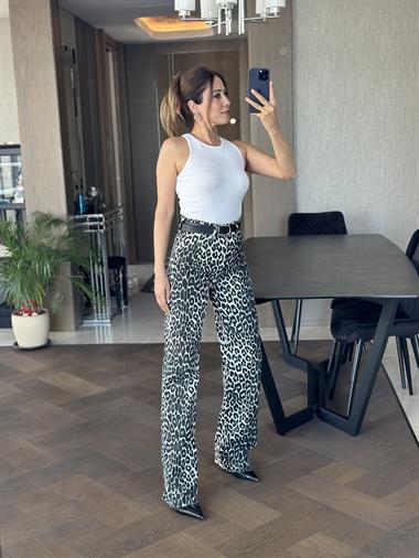 Siyah Beyaz Leopar Desen Orjinal Marka Straight Kadın Jean Pantolon