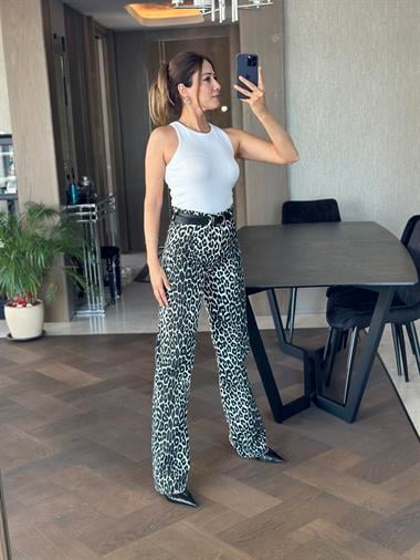 Siyah Beyaz Leopar Desen Orjinal Marka Straight Kadın Jean Pantolon