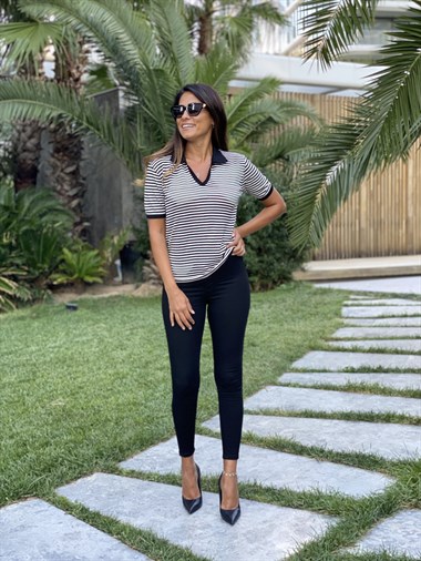 Siyah Beyaz Polo Yaka Çizgili Kısa Kol Kadın Bluz