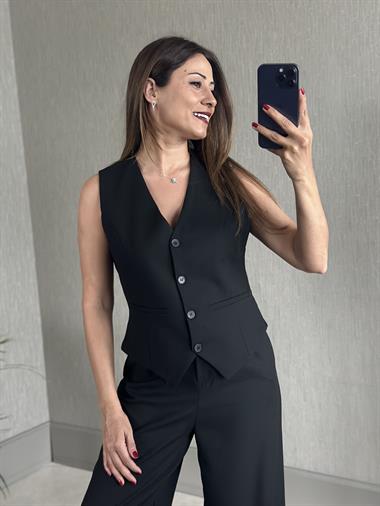 Siyah Bezayağı Yelek Pantolon Kadın Takım