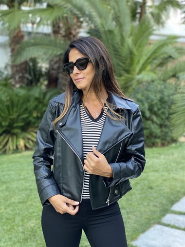 Siyah Biker Fermuarlı Kadın Deri Ceket