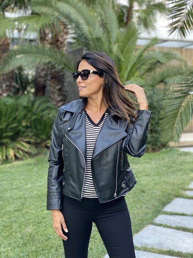 Siyah Biker Fermuarlı Kadın Deri Ceket