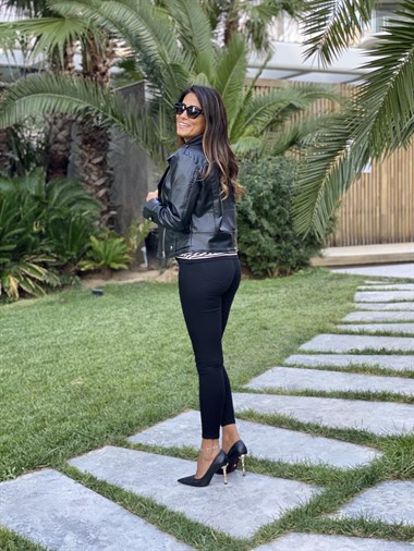 Siyah Biker Fermuarlı Kadın Deri Ceket