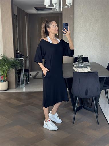 Siyah Bisiklet Yaka Atletli Kadın Elbise Kadın 