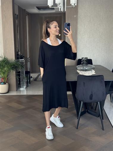 Siyah Bisiklet Yaka Atletli Kadın Elbise Kadın 